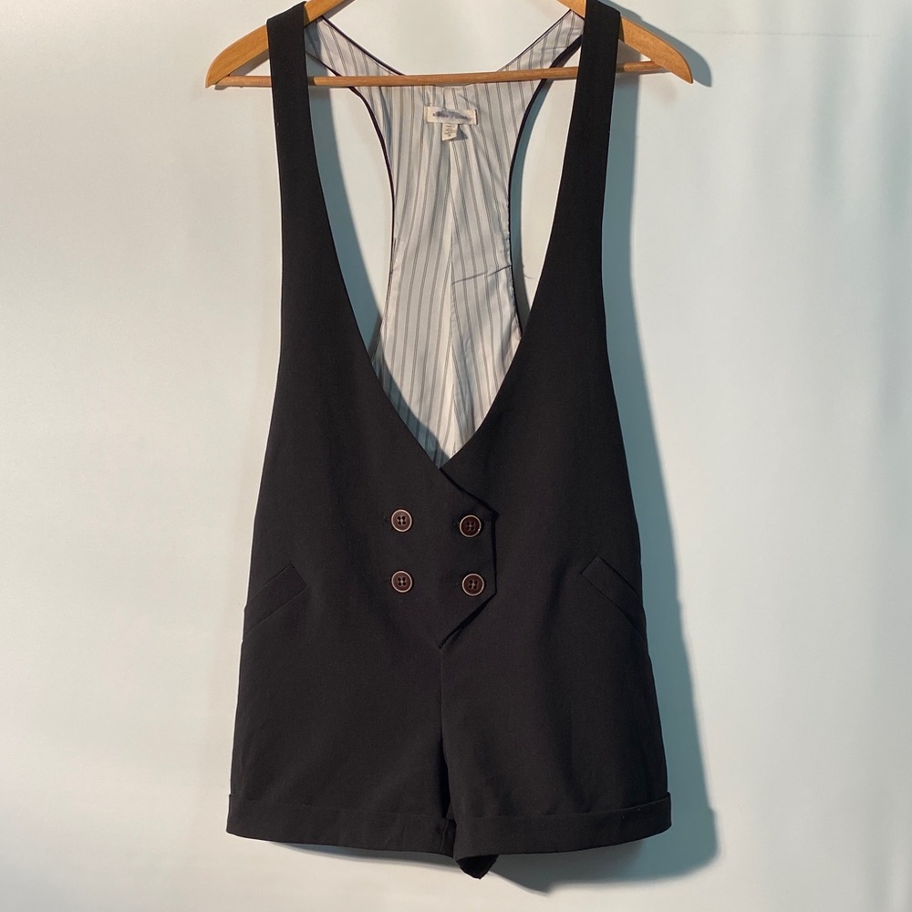 Silence + Noise Deep V Black Romper with Striped Lining